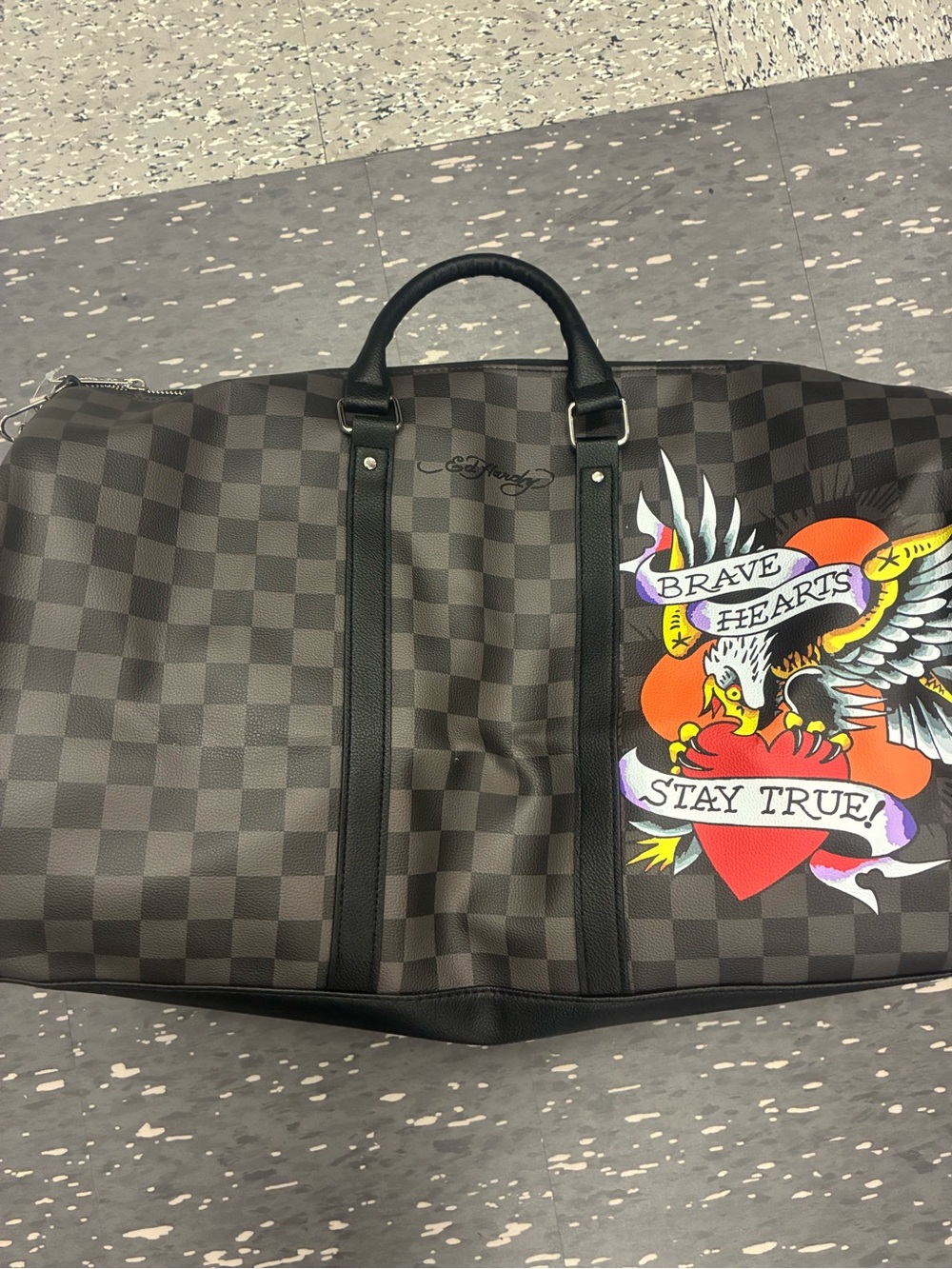 Ed Hardy Brown Checkered Duffel with Brave Hearts Graphic